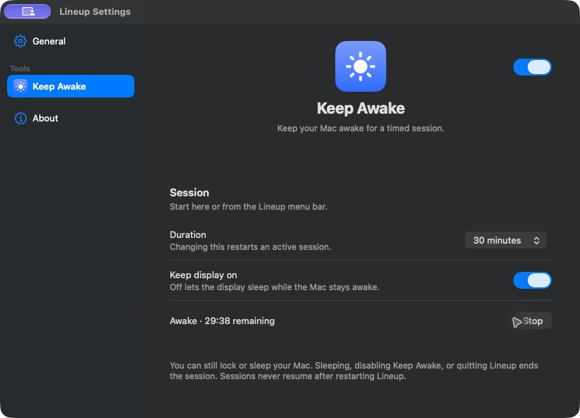 Keep Awake settings with a 30-minute session running, the time remaining and a Stop button